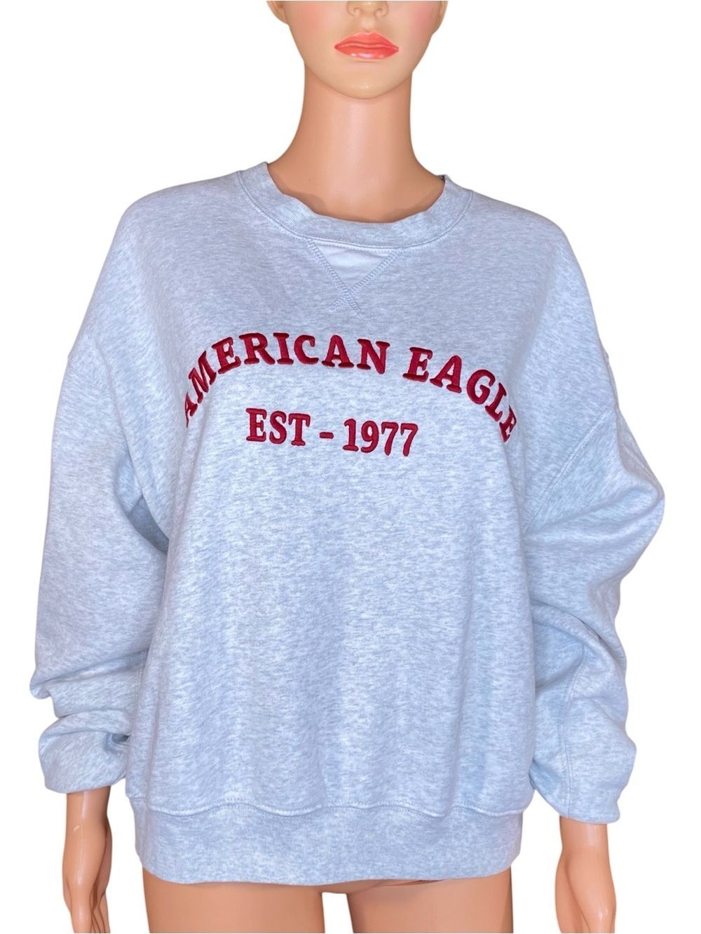 American Eagle Oversized Boxy Sweatshirt Gray Crewneck Relaxed Fit Ribbed Trim S